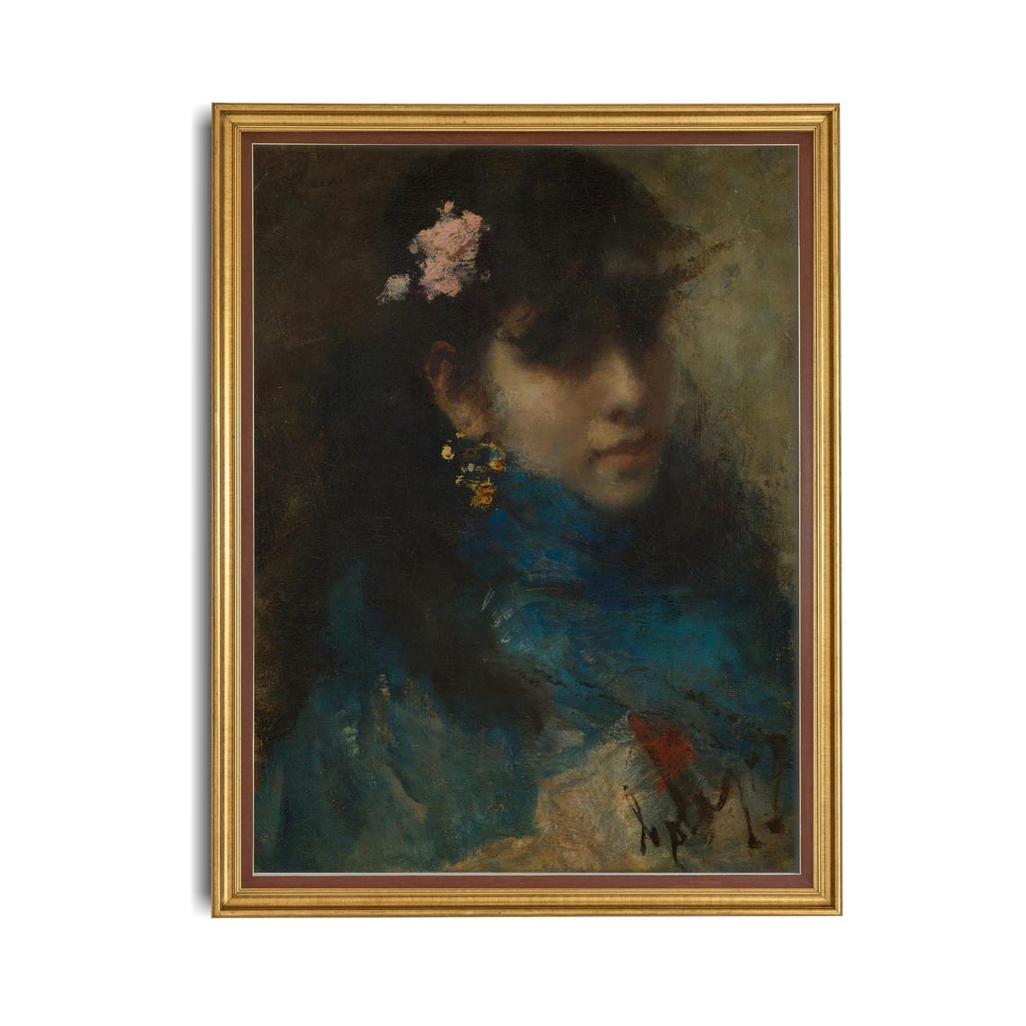 Young Woman in Blue with a Pink Flower in Her Hair Portrait Poster - Image 4
