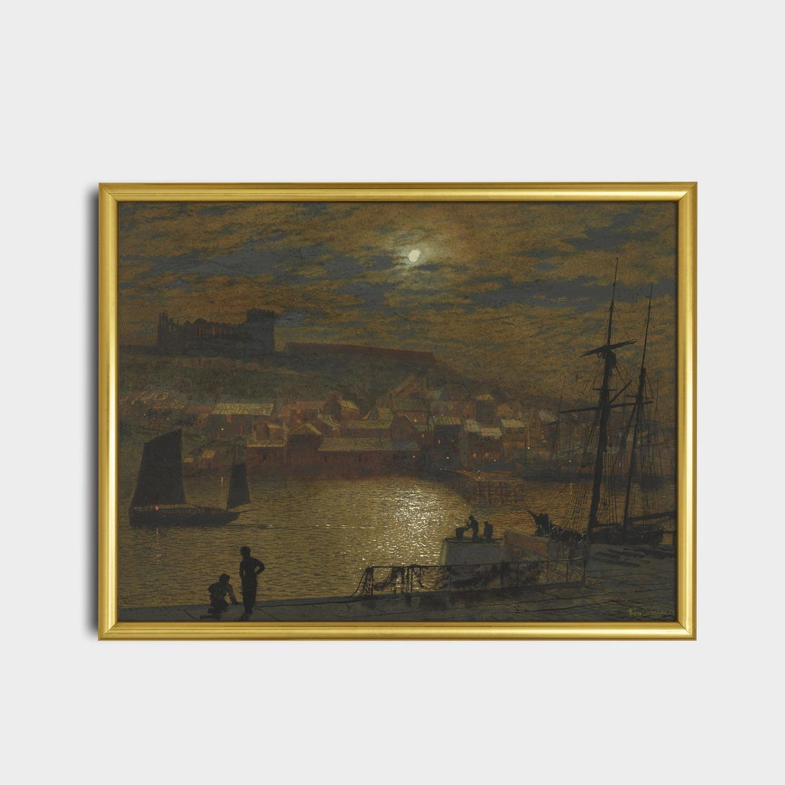 Moonlit Harbor With Abbey Ruins Atop the Cliff Vintage Poster - Image 2