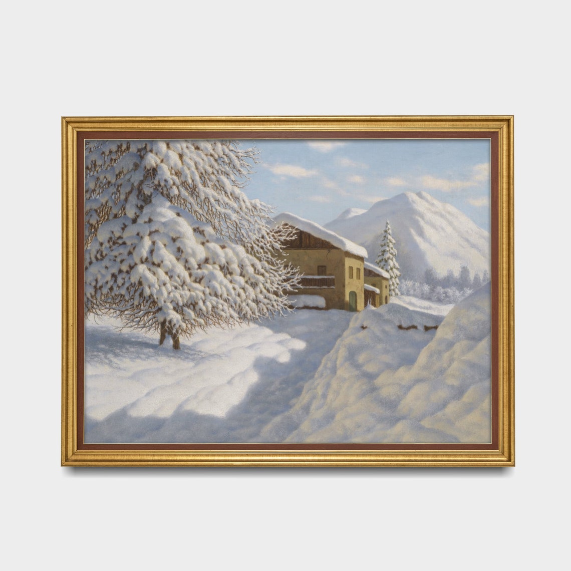 Snowy Alpine Farmhouse with Snow-Laden Tree Bright Winter Poster - Image 2