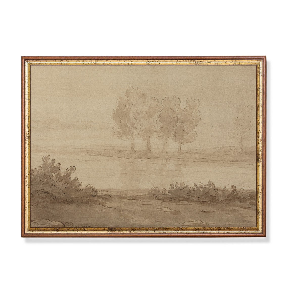Soft Neutral Landscape Sketch With Trees by a Quiet River Poster