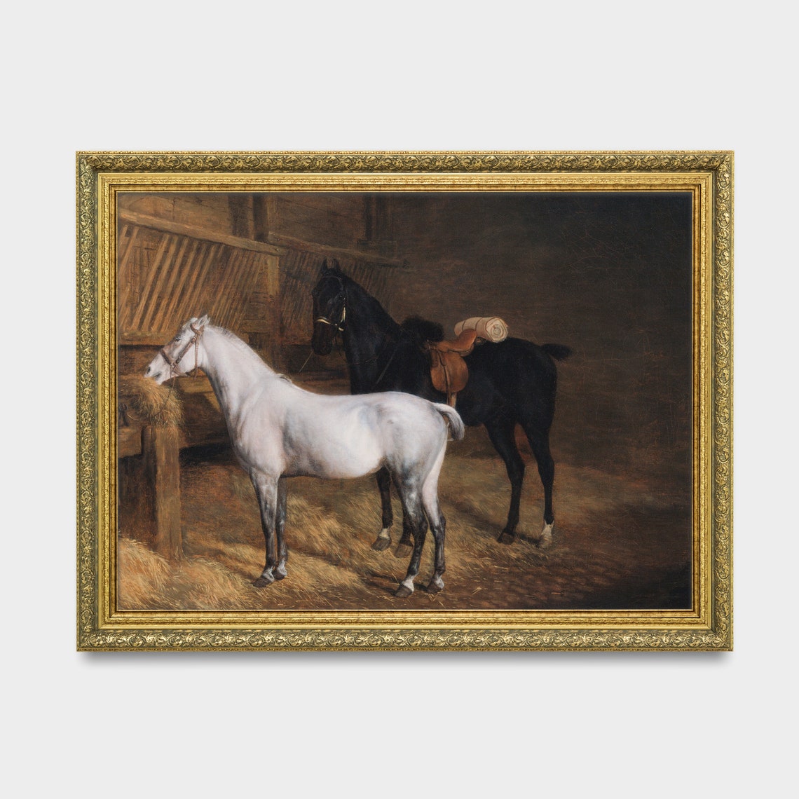 White and Black Saddled Horses Eating Hay in a Stable Poster - Image 3