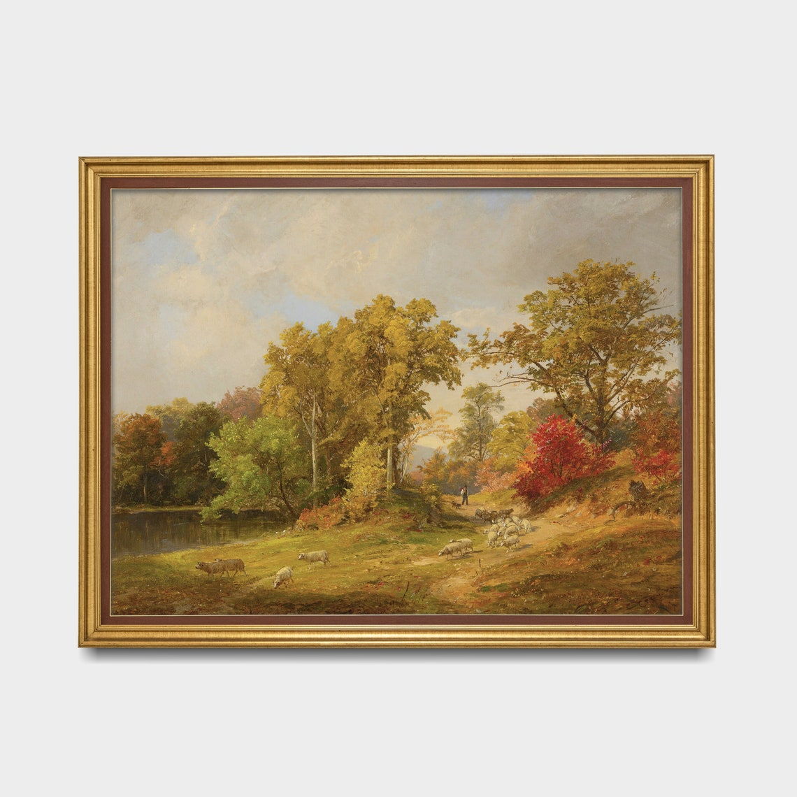 Autumn Lake Landscape With a Shepherd and His Sheep Flock Poster - Image 5