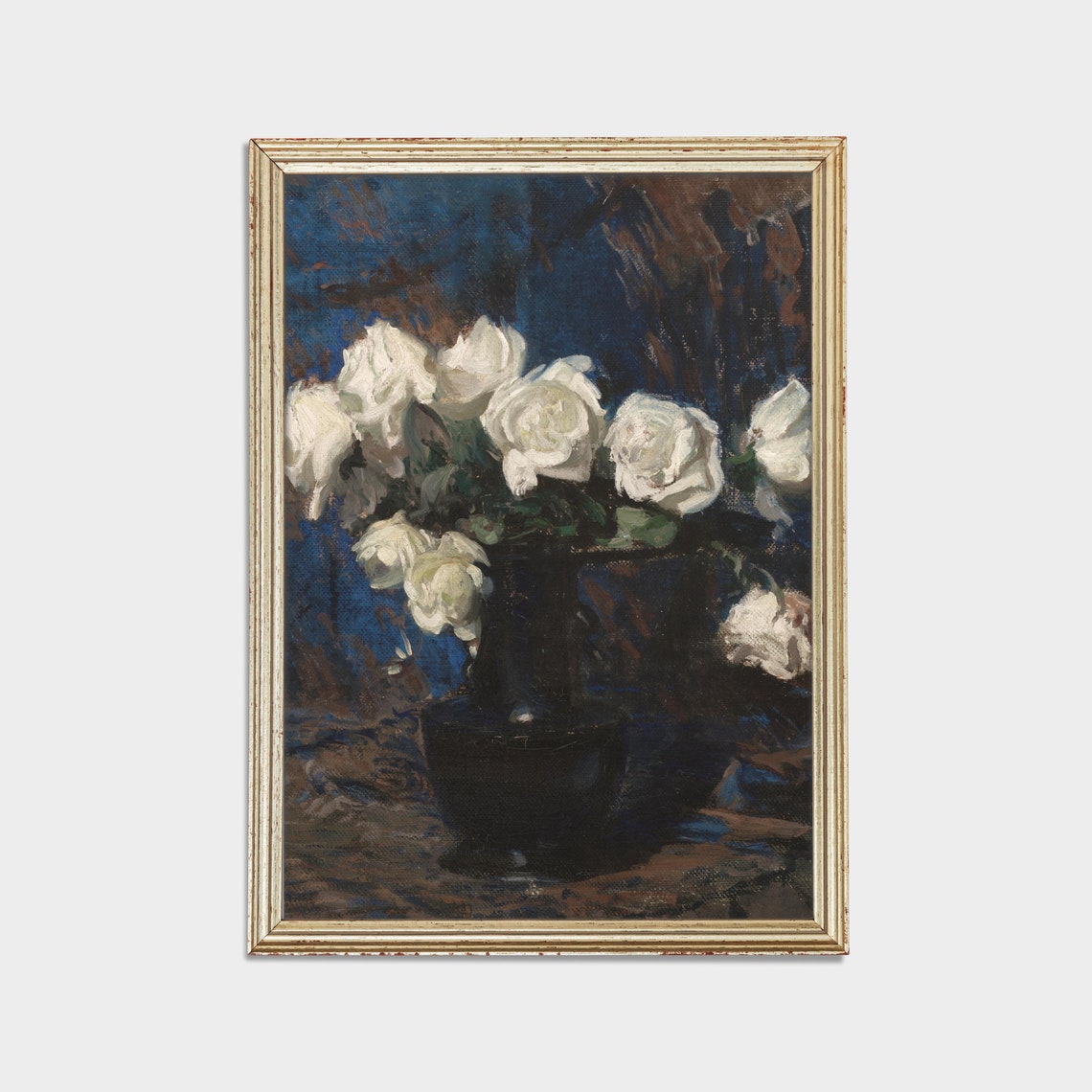 White Roses in a Dark Vase Moody Impressionist Painting Poster - Image 2