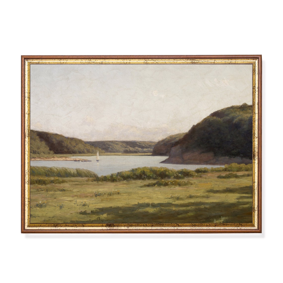 Sailboat on a Tranquil Lake Between Green Hills Landscape Poster