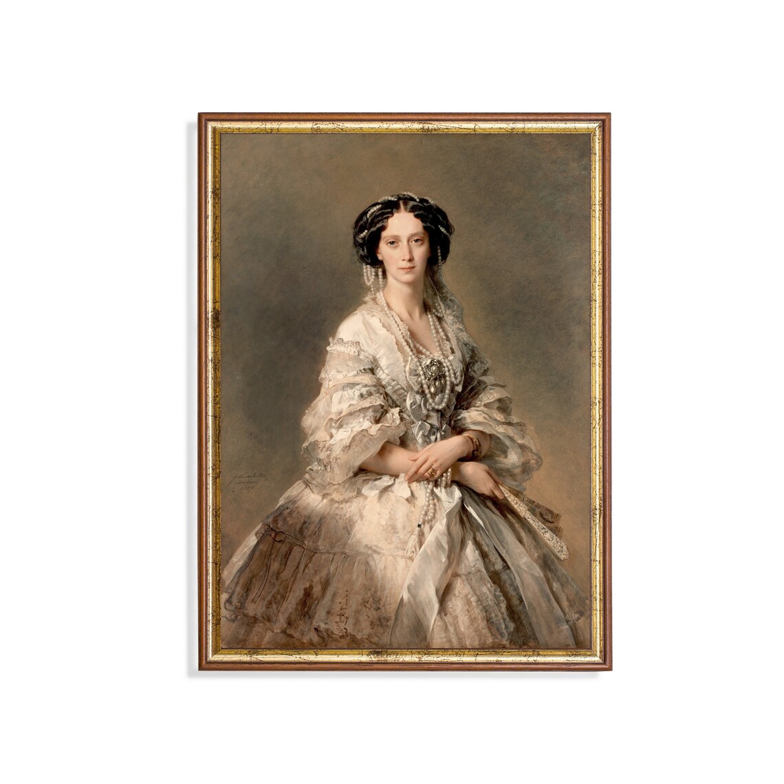 Vintage Portrait of a Lady in a White Lace Gown With Pearls Poster