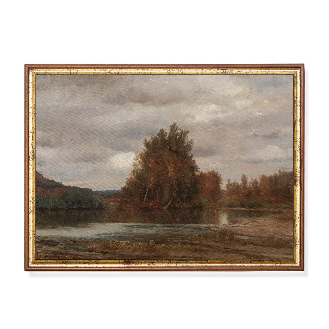 Moody Autumn River with Tree-Covered Island Fall Riverscape Poster