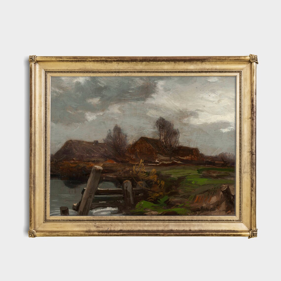 Dutch Cottages by a Canal Moody Antique Countryside Painting Poster - Image 2