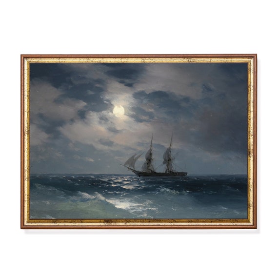 Printed And Shipped Sailboat Painting Moody Rustic Antique Print Seascape Vintage Wall Art Nautical Decor Physical Print