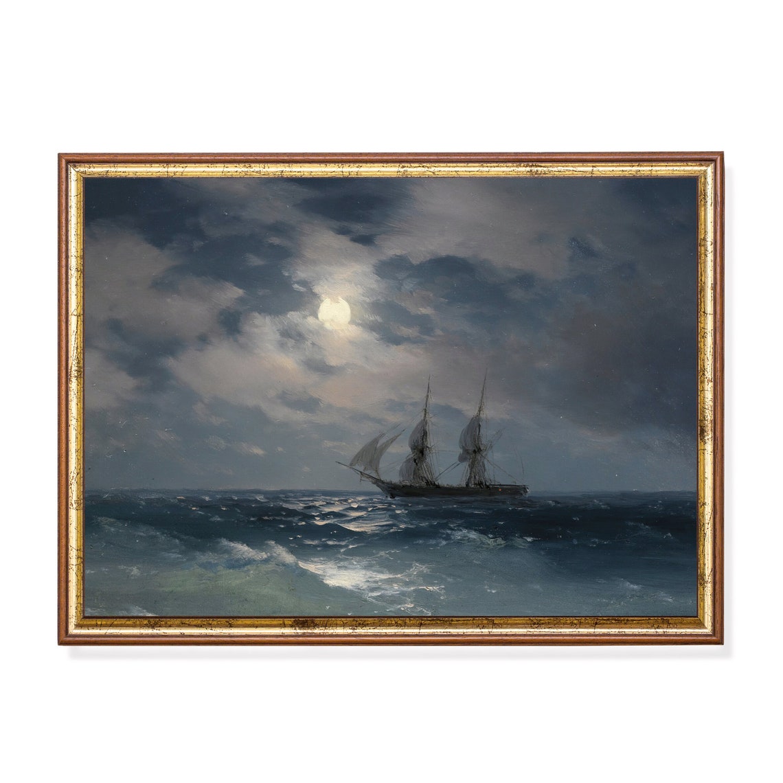 Sailing Ship on a Moonlit Night Sea Vintage Nautical Art Poster