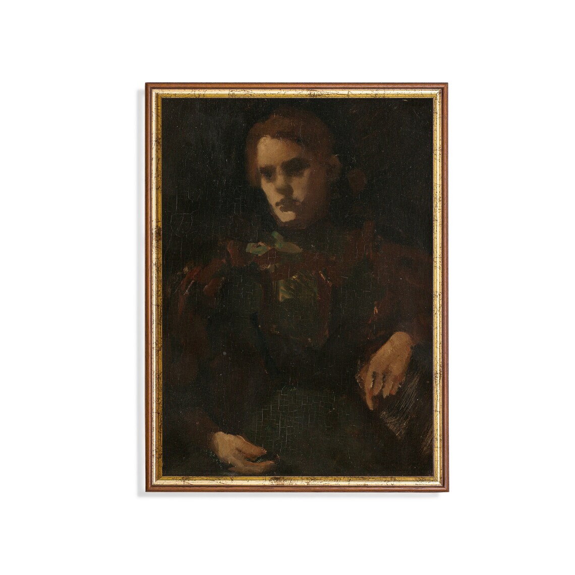 Moody Dark Portrait of a Woman Vintage Oil Painting Wall Art