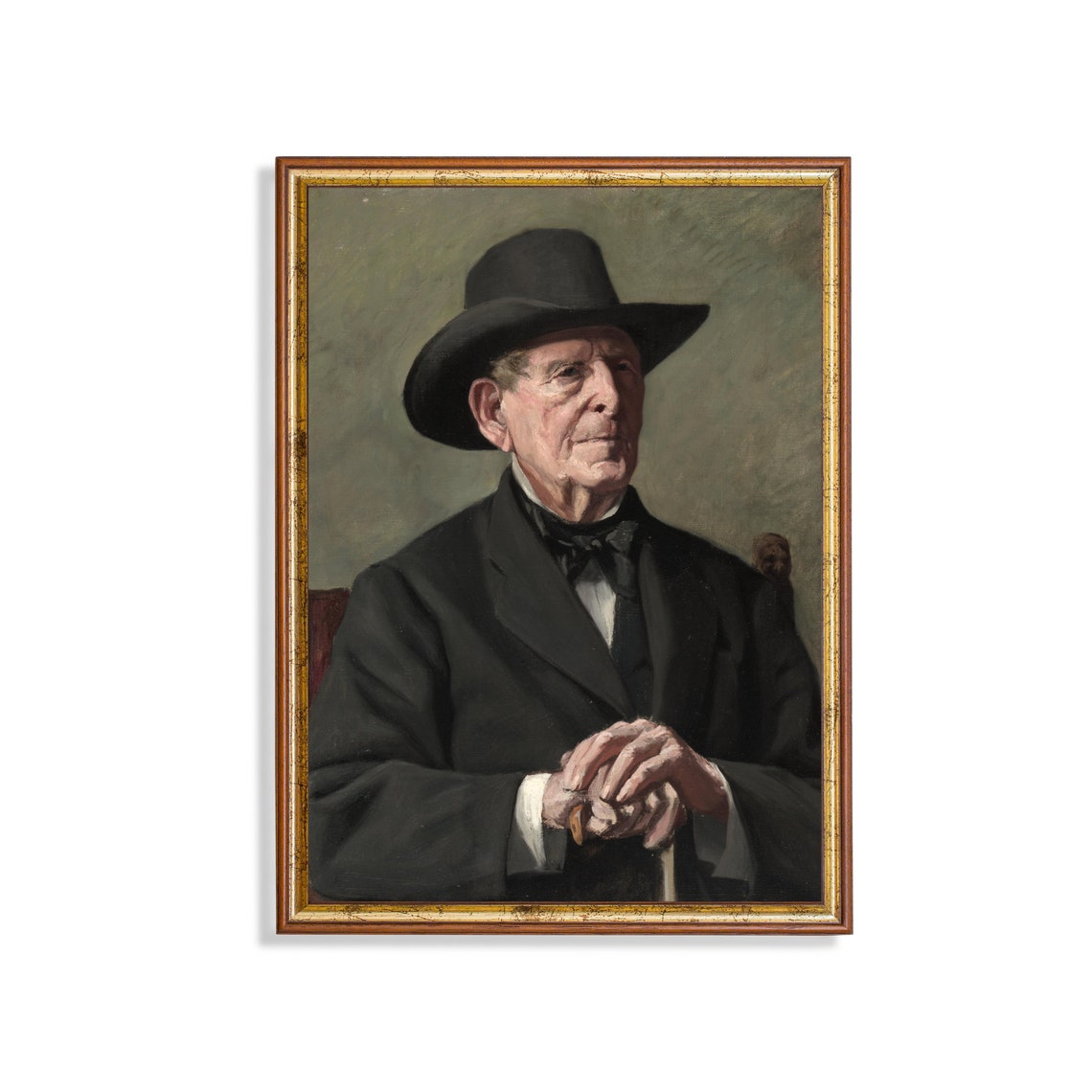 Vintage Old Gentleman Portrait Black Hat Antique Dignified Wall Art