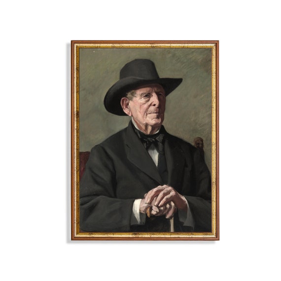 Vintage Portrait Painting Antique Old Man Portrait Moody Rustic Print Wall Art 19th Century Fine Art