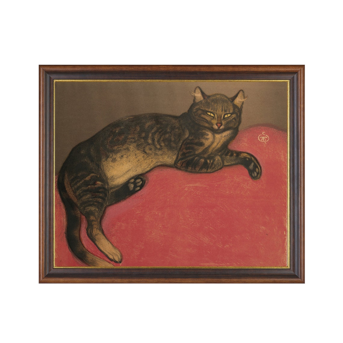 Tabby Cat Lounging on Red Cushion Vintage Pet Portrait Poster