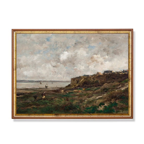 Vintage Coastal Landscape Painting Antique Rustic Art Print Horizontal Trendy Wall Art Moody Sea Cloud Poster