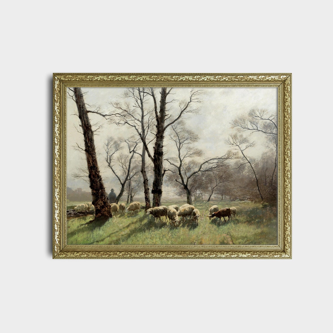 Shepherd with Flock of Sheep in Misty Morning Field Vintage Art Poster - Image 2