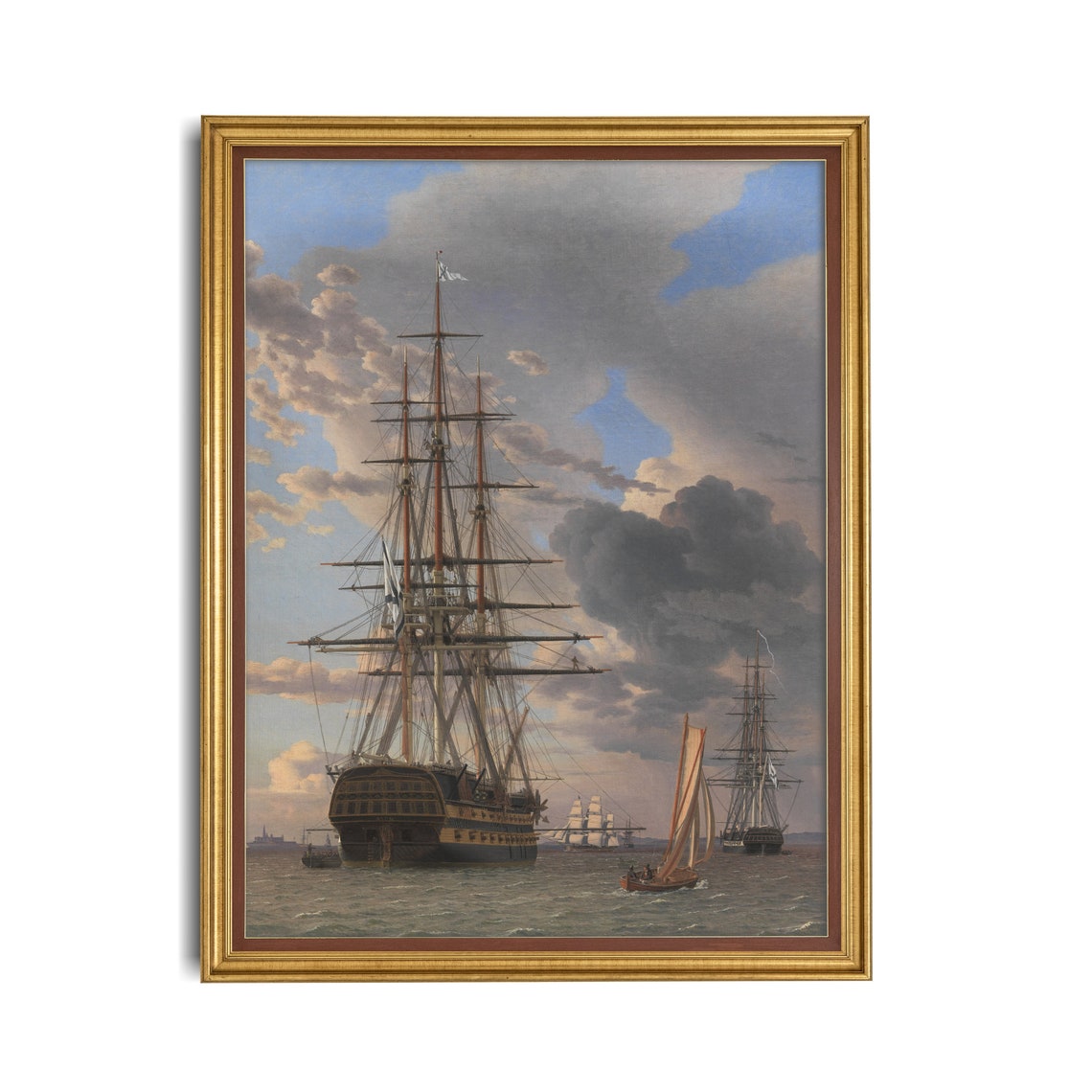 Tall Sailing Ships At Anchor Antique Maritime Oil Painting Poster - Image 4