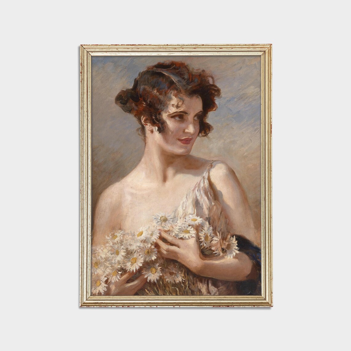Woman Holding a Bouquet of White Daisies Vintage Portrait Poster - Image 2