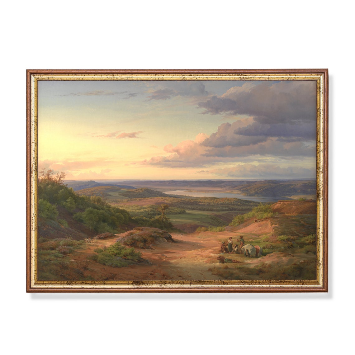 Sunset Valley with Lake and Travelers Vintage Panoramic Poster