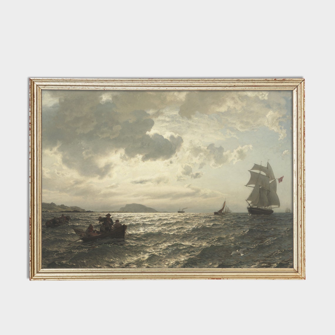 Vintage Sailing Ship Painting Antique Seascape Print Rustic Ocean Beach Art Nautical Decor Wall Art - Image 2