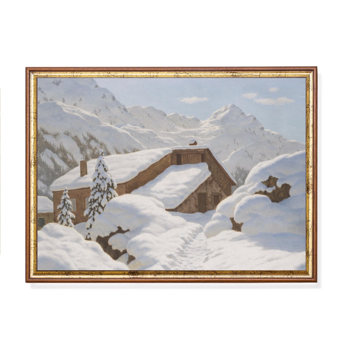 Snow-Buried Alpine Cabin Under Towering Snowy Mountain Peaks Poster