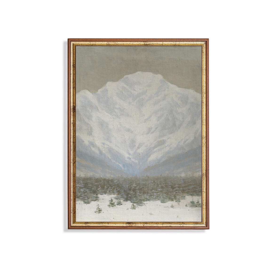Vertical Snowy Mountain Peak over Pine Forest Winter Scene Poster