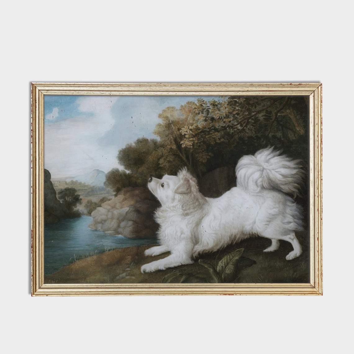 Vintage Painting of a Small White Fluffy Dog Beside a River Poster - Image 4
