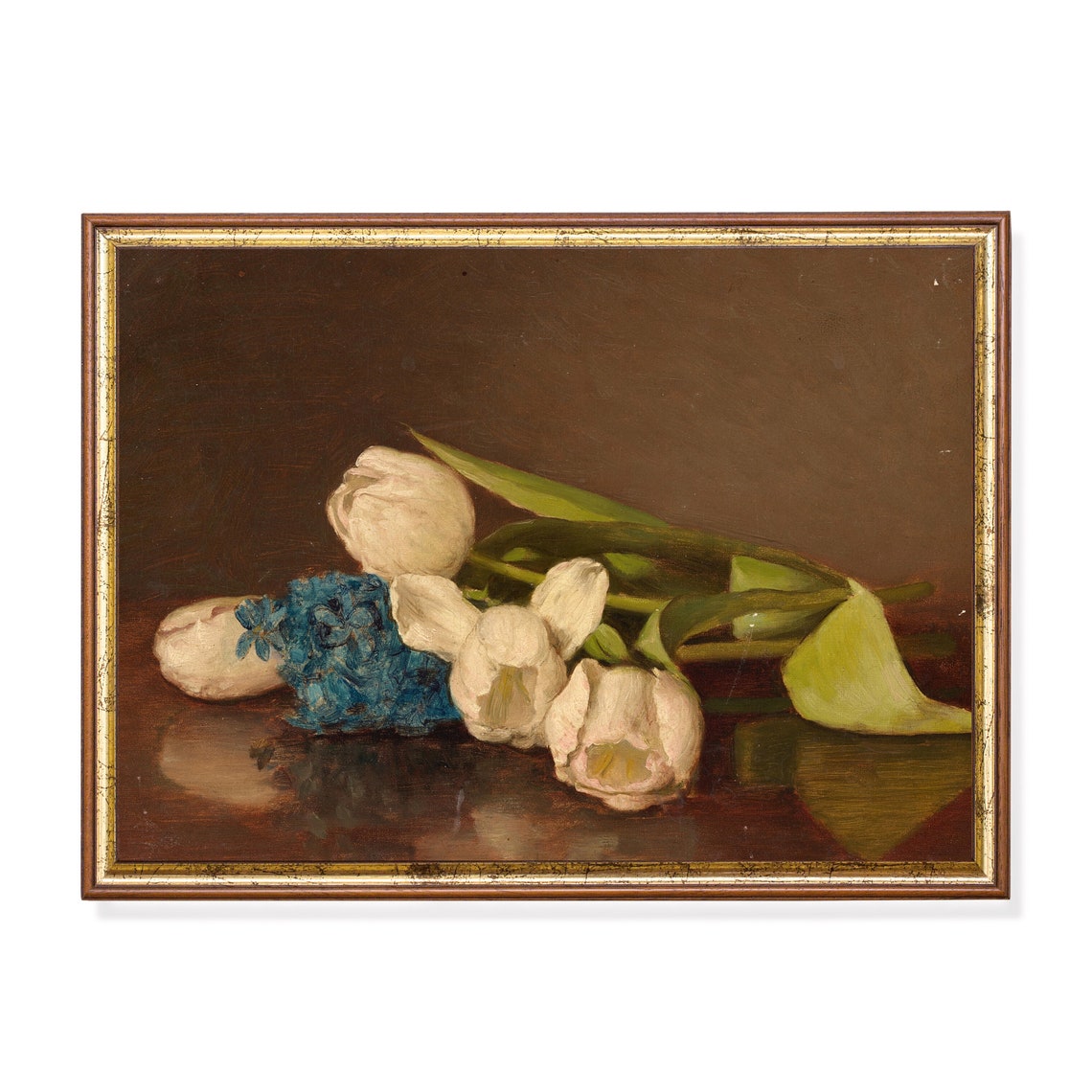 White Tulips and Blue Hyacinth on Dark Table Still Life Poster