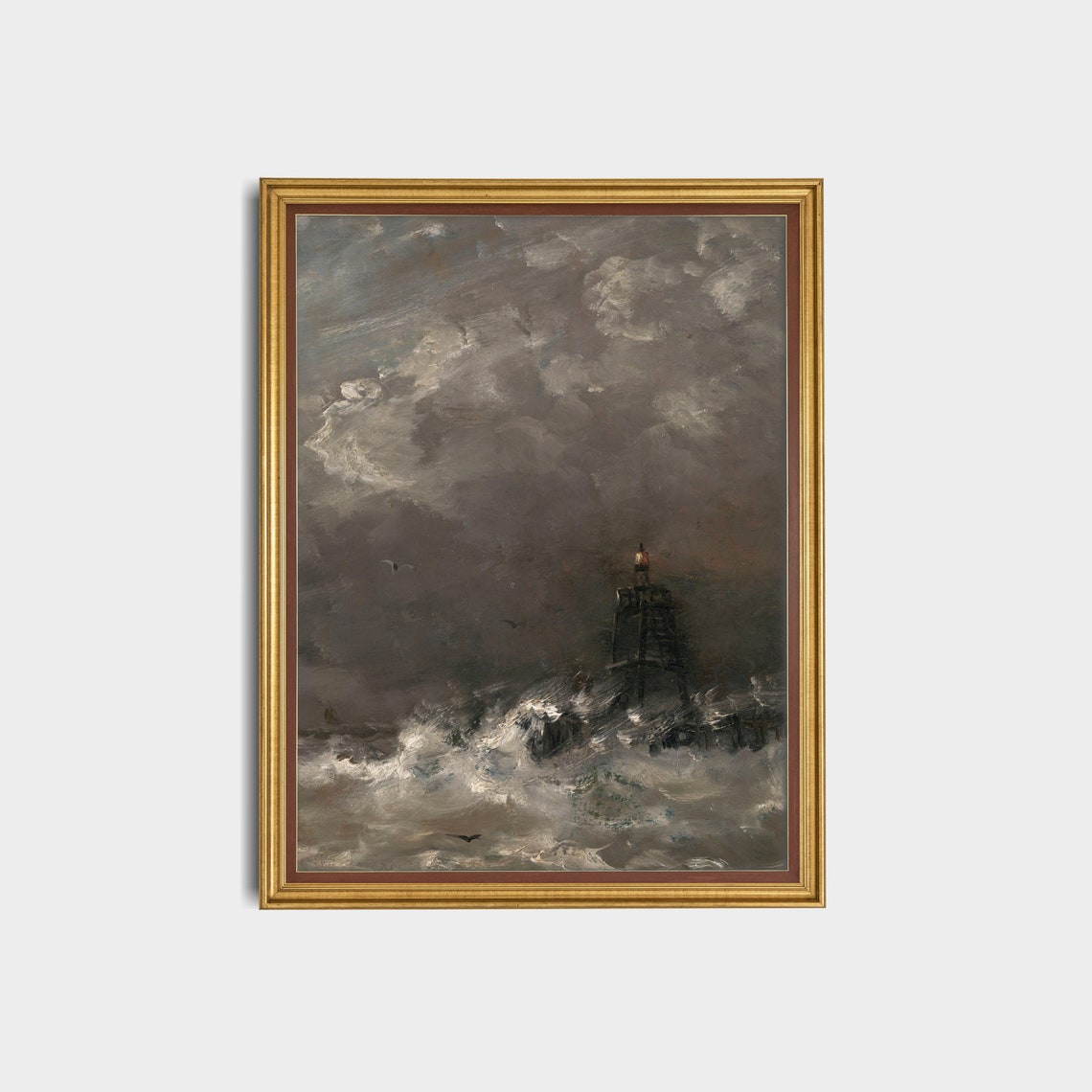 Vintage Lighthouse Painting Antique Seascape Print Moody Rustic Ocean Waves Nautical Decor Wall Art - Image 2