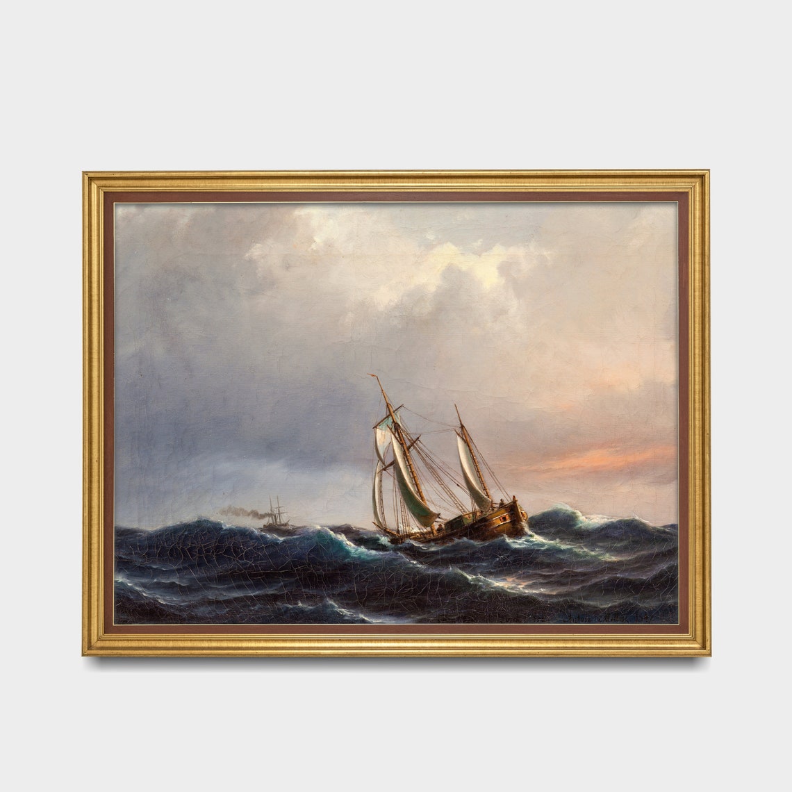 Vintage Seascape Painting Antique Sailing Ship Print Moody Rustic Fine Art Nautical Decor Wall Art - Image 3