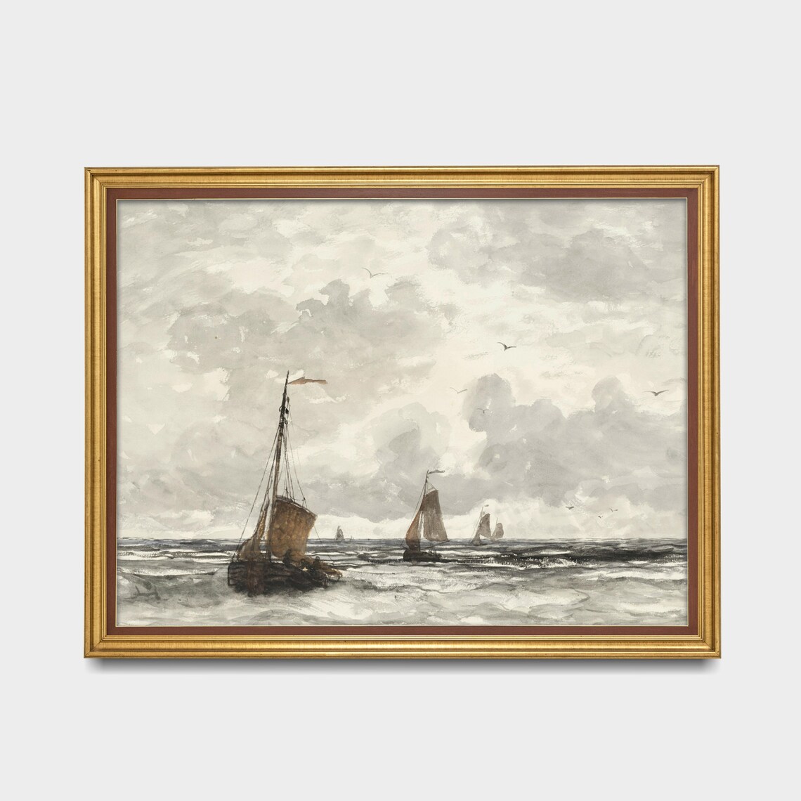 Fishing Boats on a Stormy Gray Sea Vintage Nautical Painting Poster - Image 2