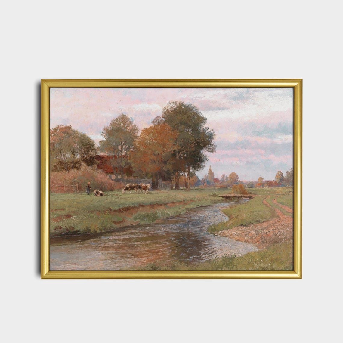 Cows by a Country River at Sunset Autumn Pastoral Art Poster - Image 2