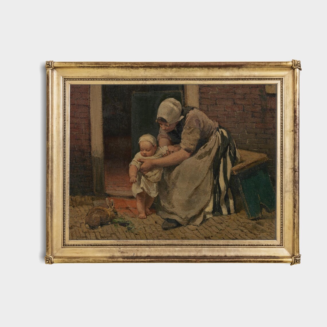 Mother Helping Toddler Walk with Rabbit Vintage Genre Poster - Image 4
