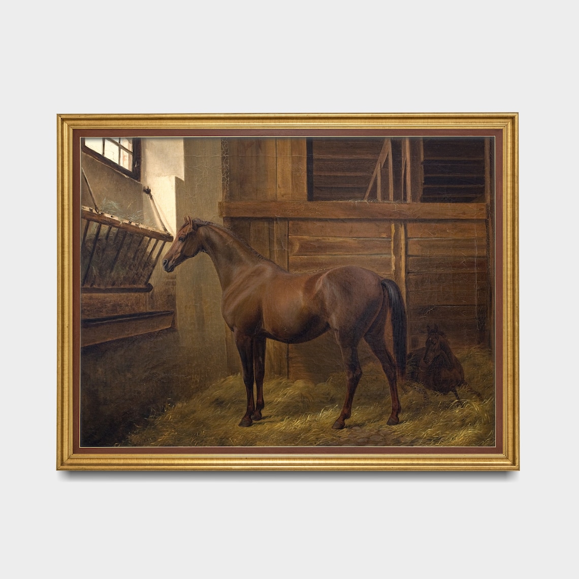 Chestnut Horse Standing in a Sunlit Stable Antique Oil Poster - Image 3
