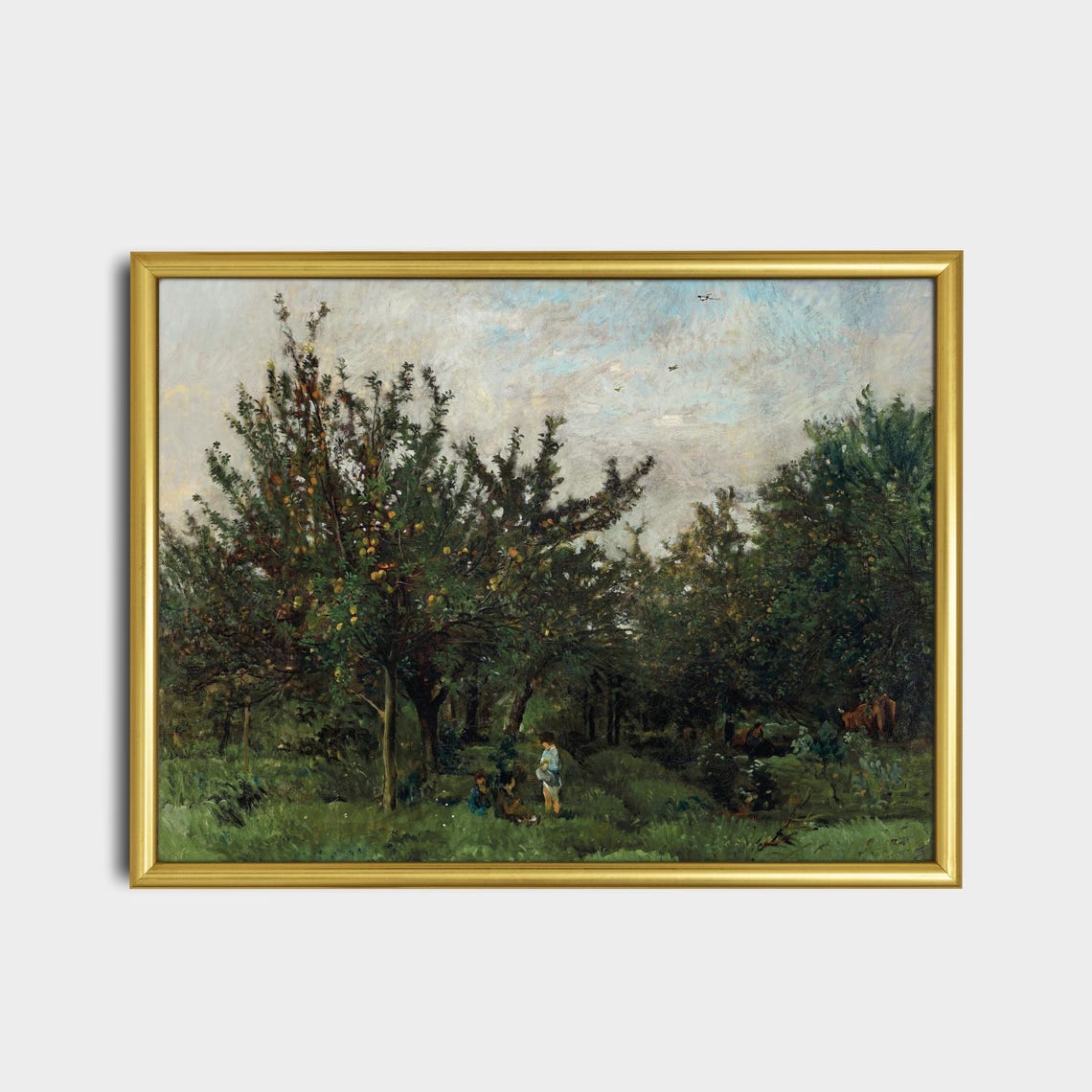 Children Picking Fruit in a Sunlit Orchard Vintage Landscape Poster - Image 2