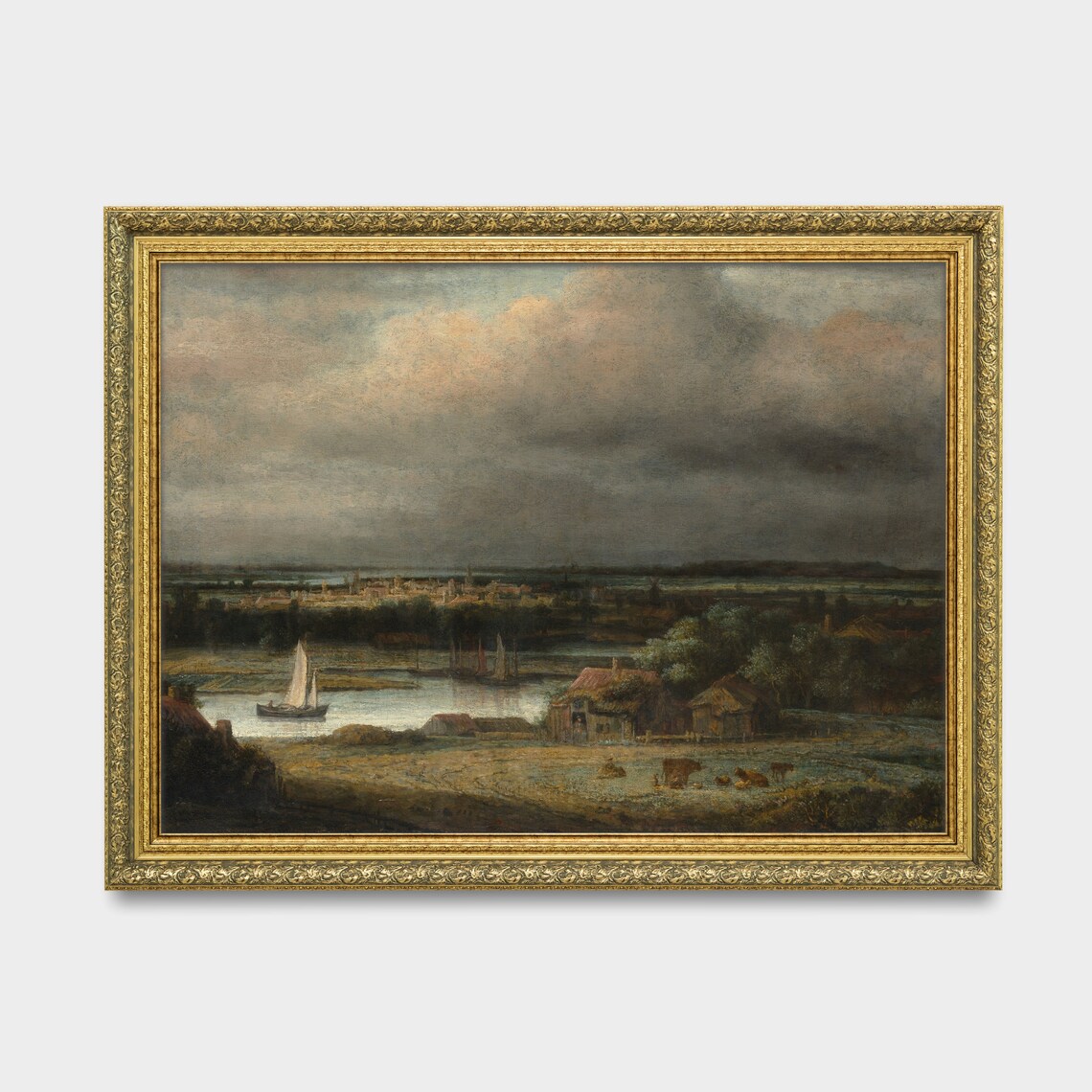 Wide River With Sailboats and Distant Town Dutch Landscape Poster - Image 3