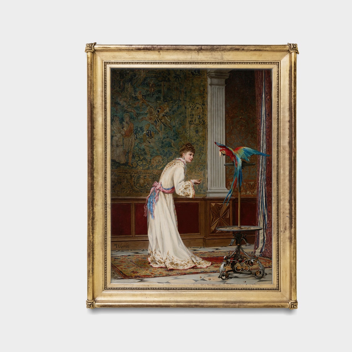 Woman in White Feeding a Macaw Parrot Vintage Interior Art Poster - Image 3