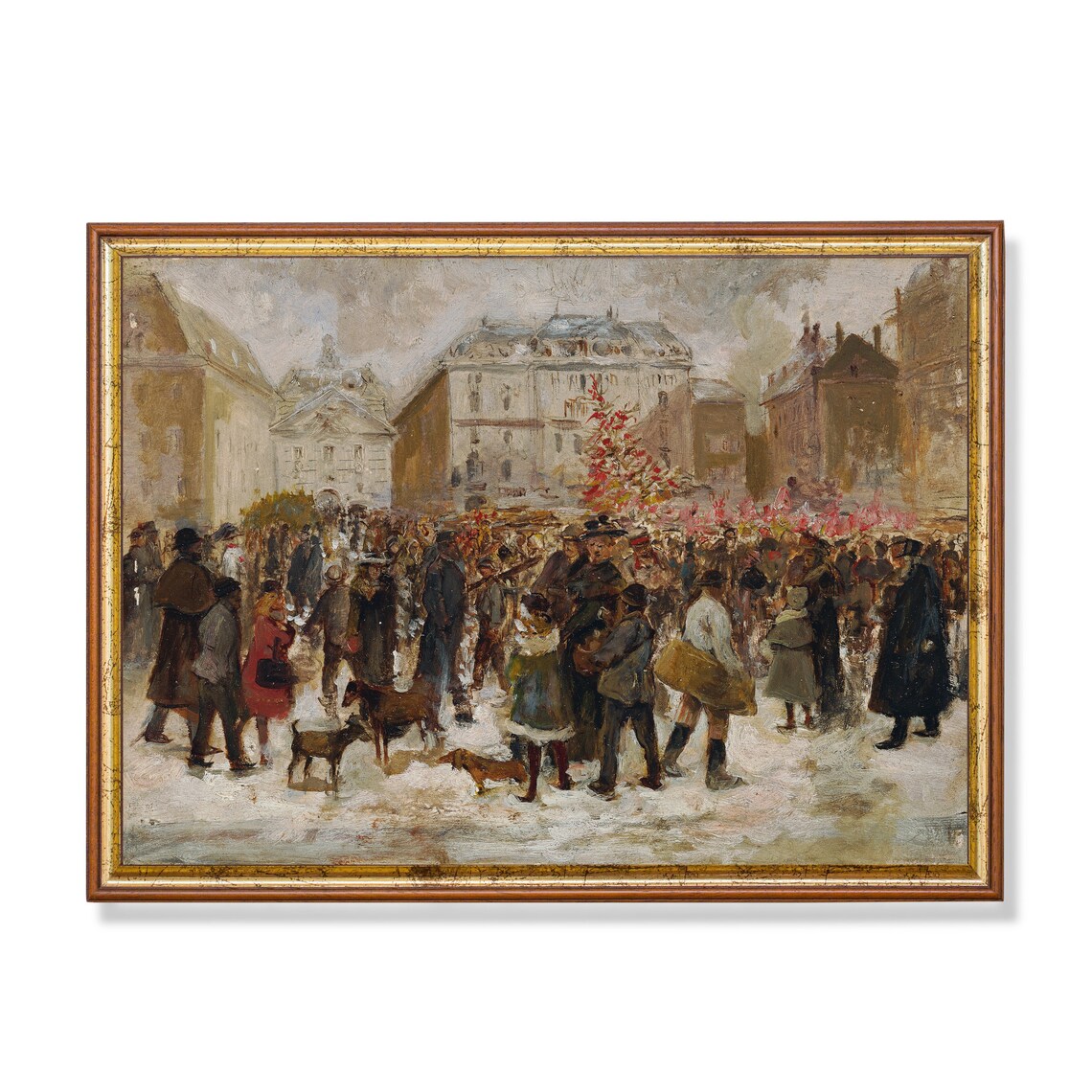 Bustling Christmas Market Square with Crowd Festive Winter Poster