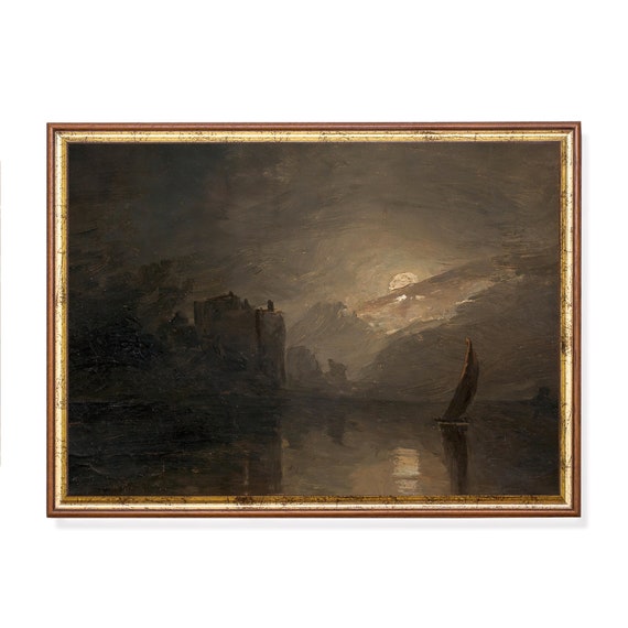 Vintage Landscape Painting Antique Seascape Moonlight Print Moody Rustic Coastal Fine Artwork Wall Art