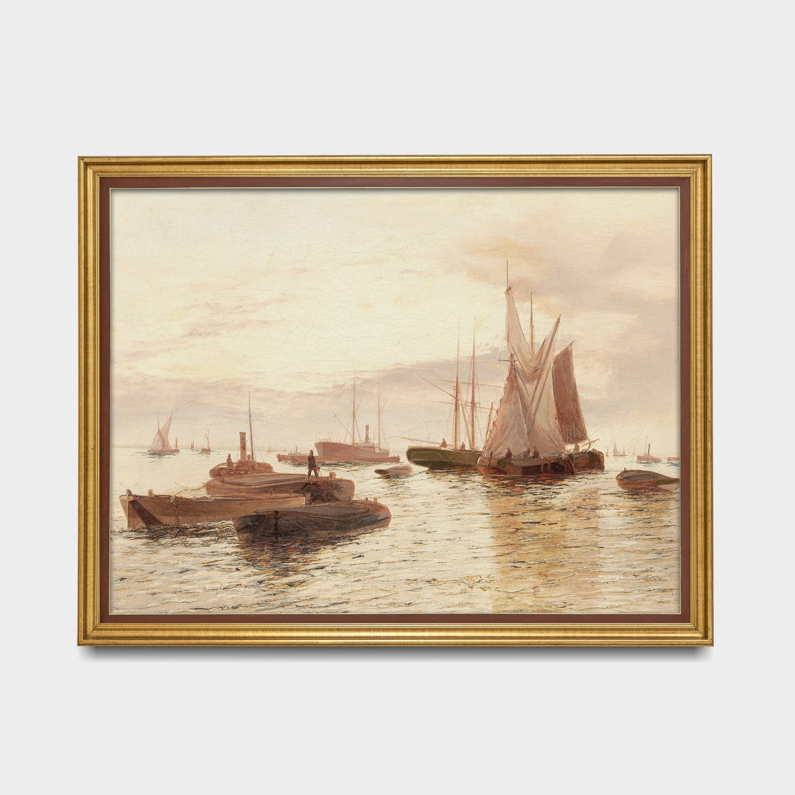 Vintage Harbor Sailing Ships Dawn Calm Water Nautical Painting Poster - Image 3