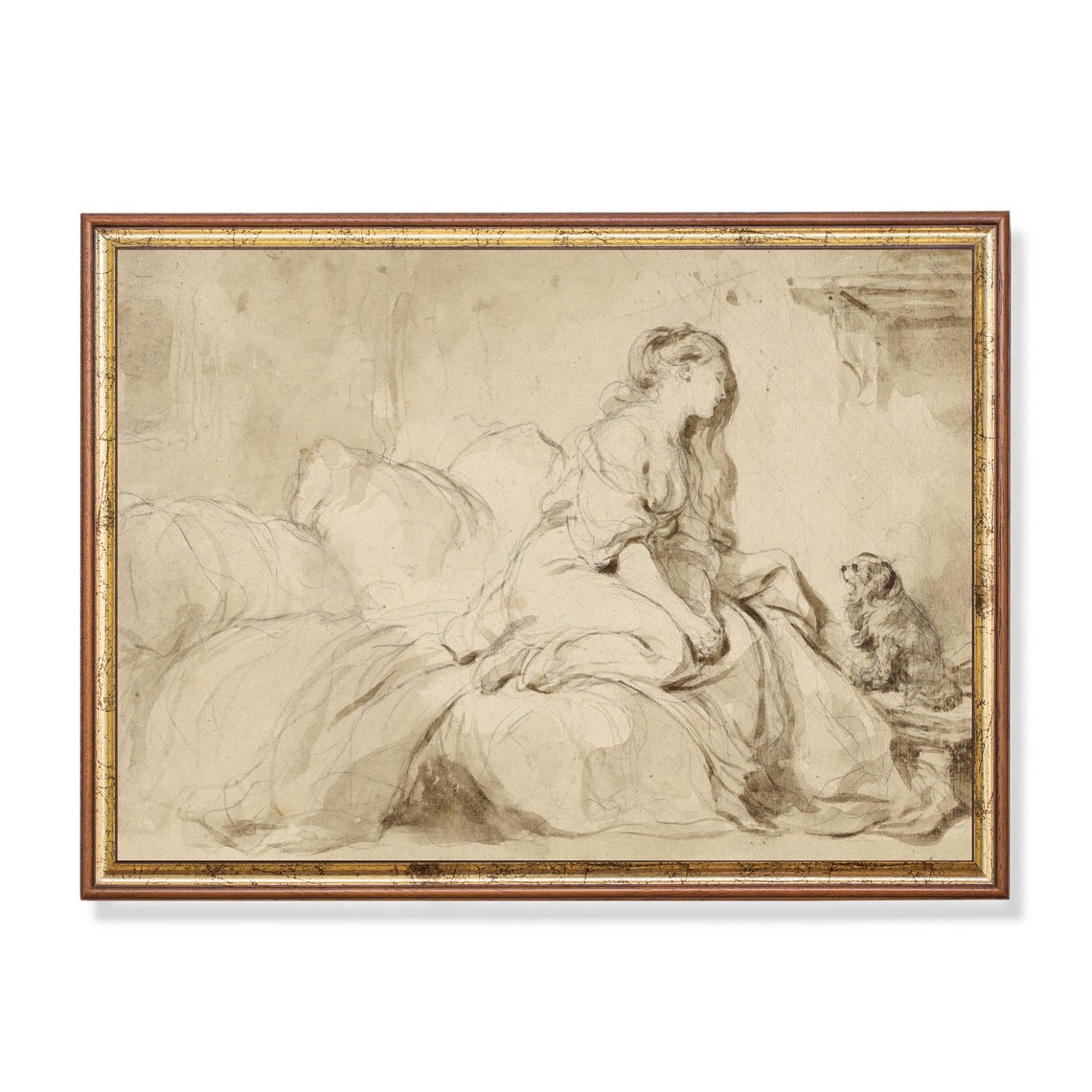 Seated Lady with Her Faithful Dog Vintage Sepia Sketch Poster