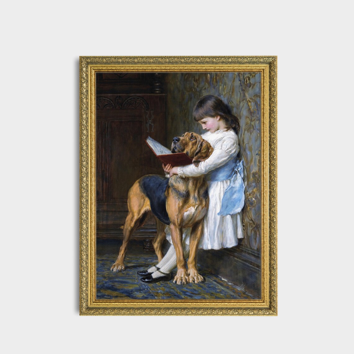Victorian Girl Reading to Her Bloodhound Classic Painting Poster - Image 3