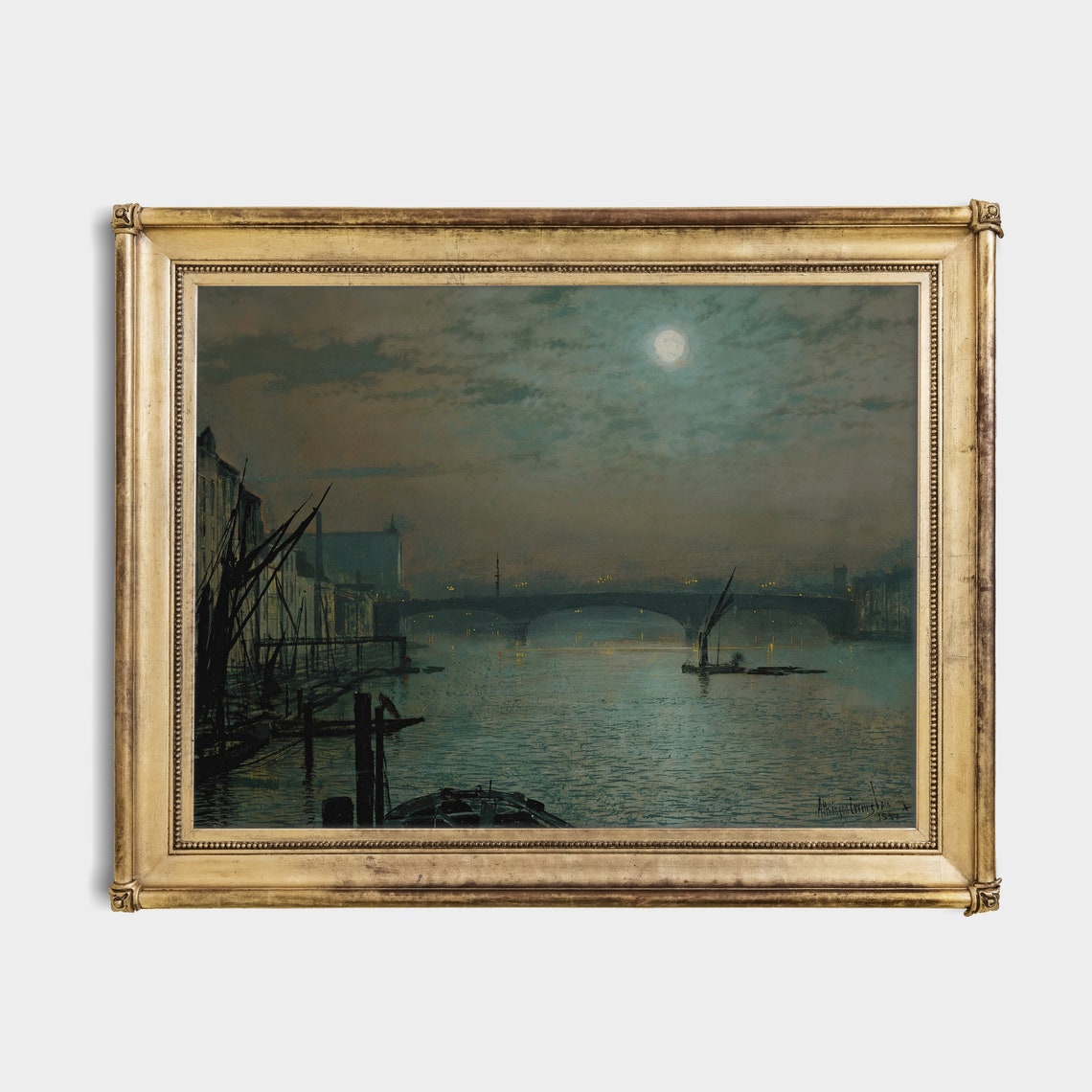 Moonlit River Bridge with Barges Night Cityscape Painting Poster - Image 4