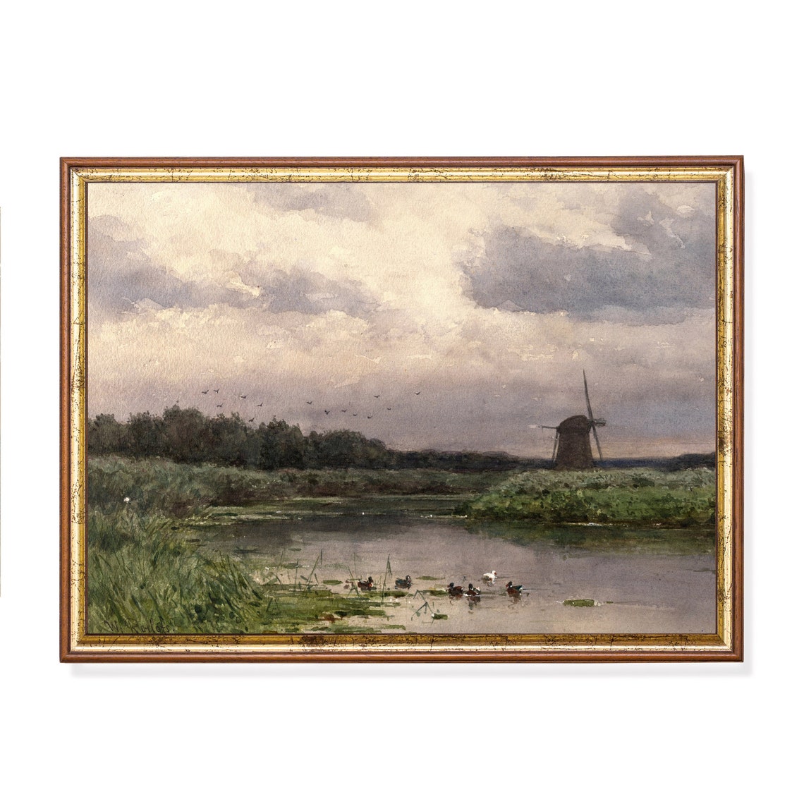 Dutch Marsh Landscape with Windmill and Ducks Watercolor Poster