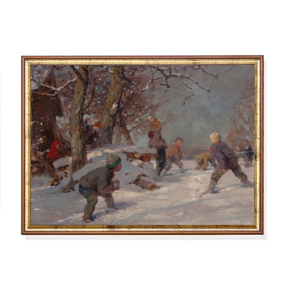 Vintage Snowball Fight Painting, Farmhouse Art Print