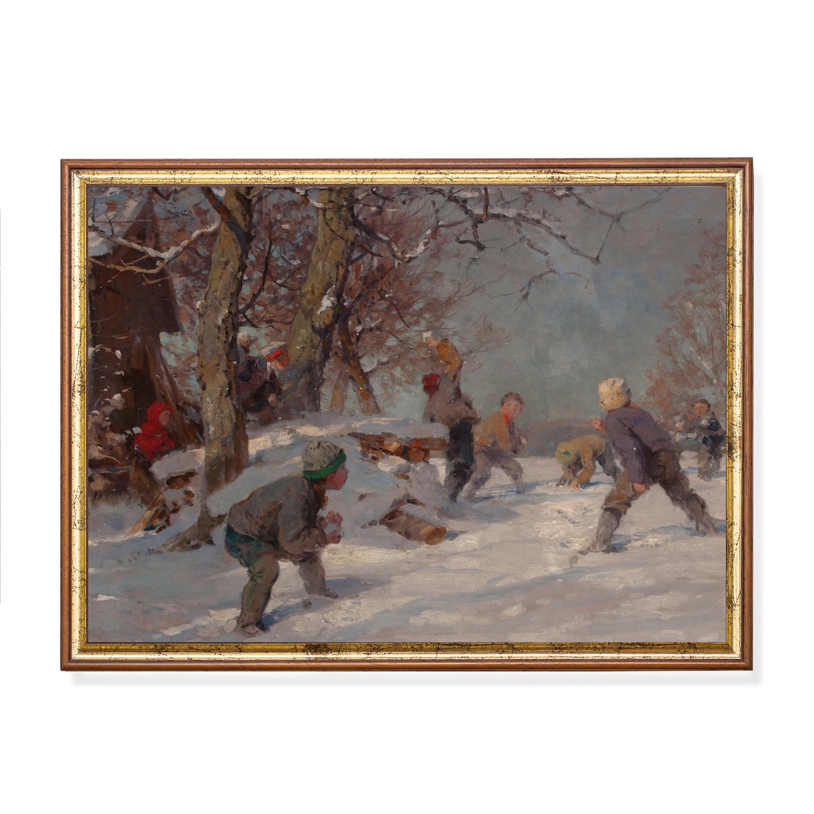 Vintage Snowball Fight Painting, Farmhouse Art Print