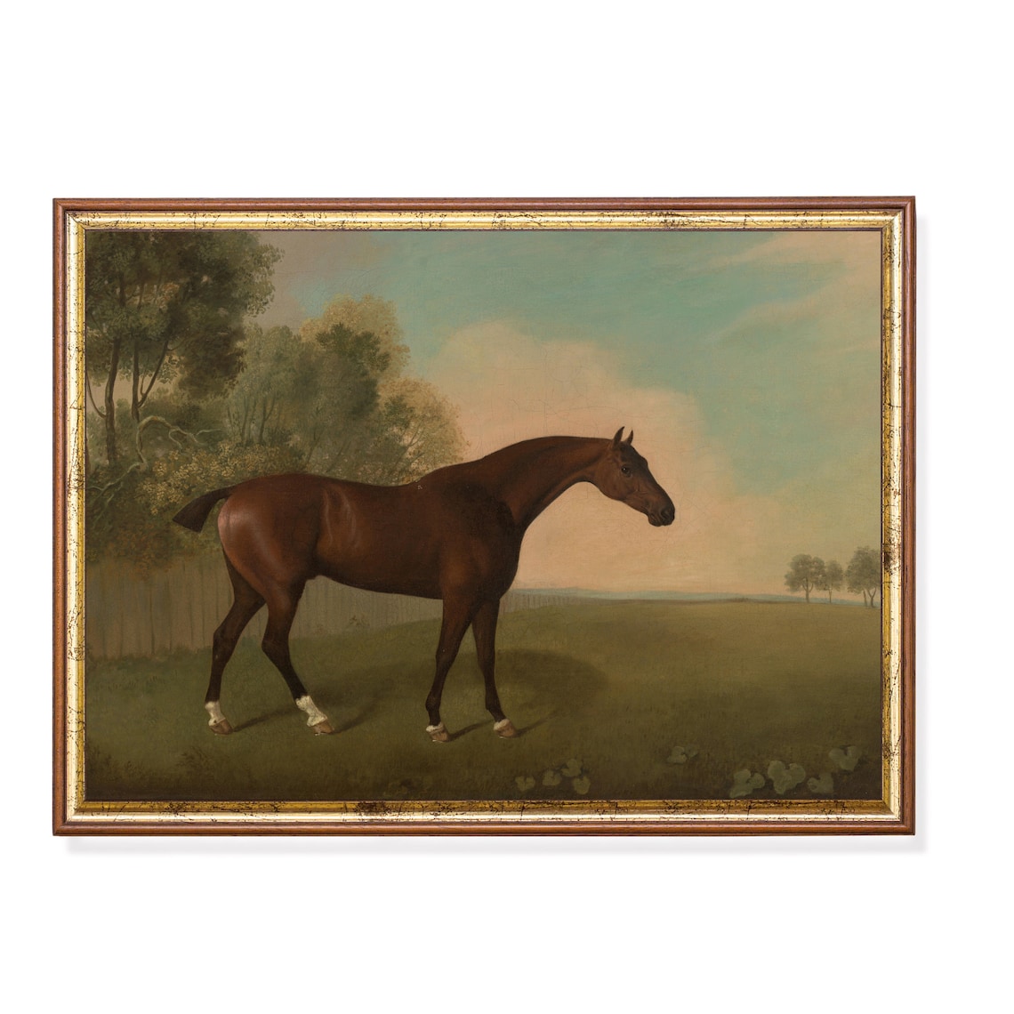 Bay Horse Green Parkland Antique Equine Portrait Oil Painting Poster