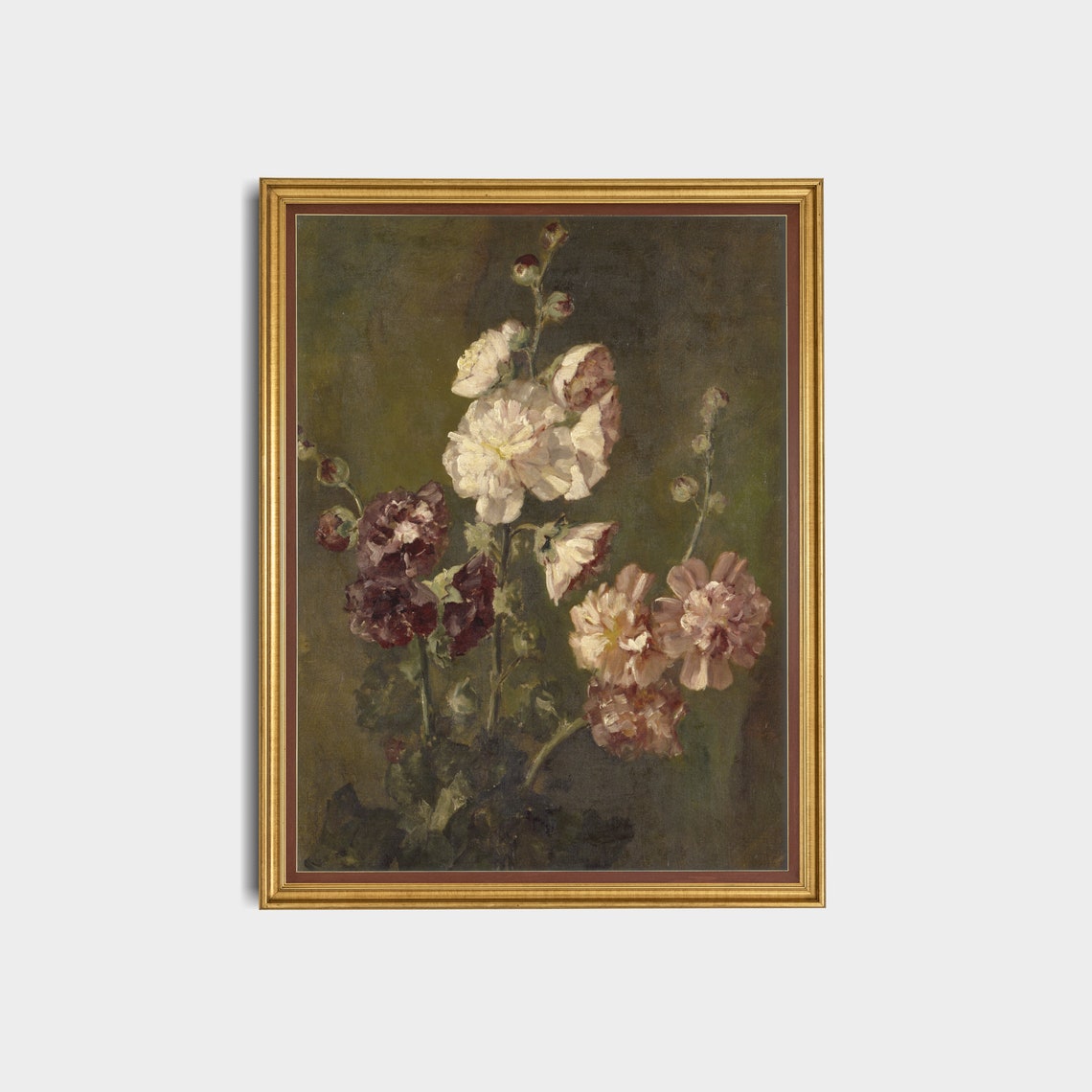 Hollyhock Blossoms Antique Botanical Floral Painting Rustic Poster - Image 2