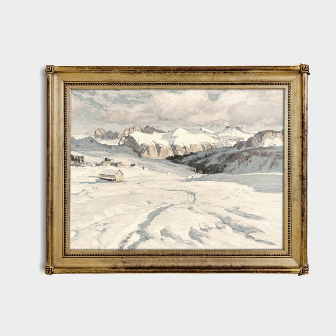 Snowy Alpine Mountain Valley with Lone Cabin Vintage Winter Poster - Image 4
