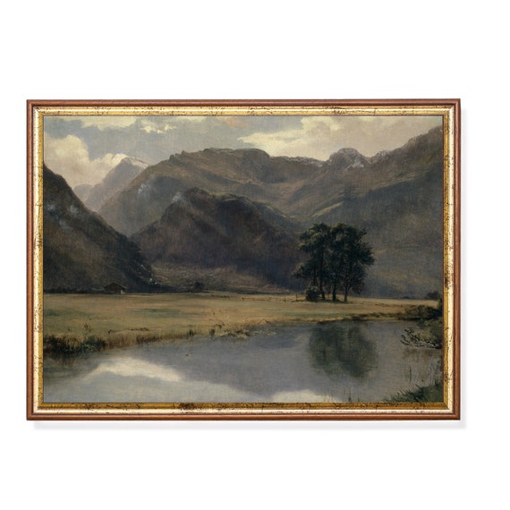 Riverscape Painting Vintage Landscape Print Rustic Mountain Antique Wall Art Farmhouse Country Decor