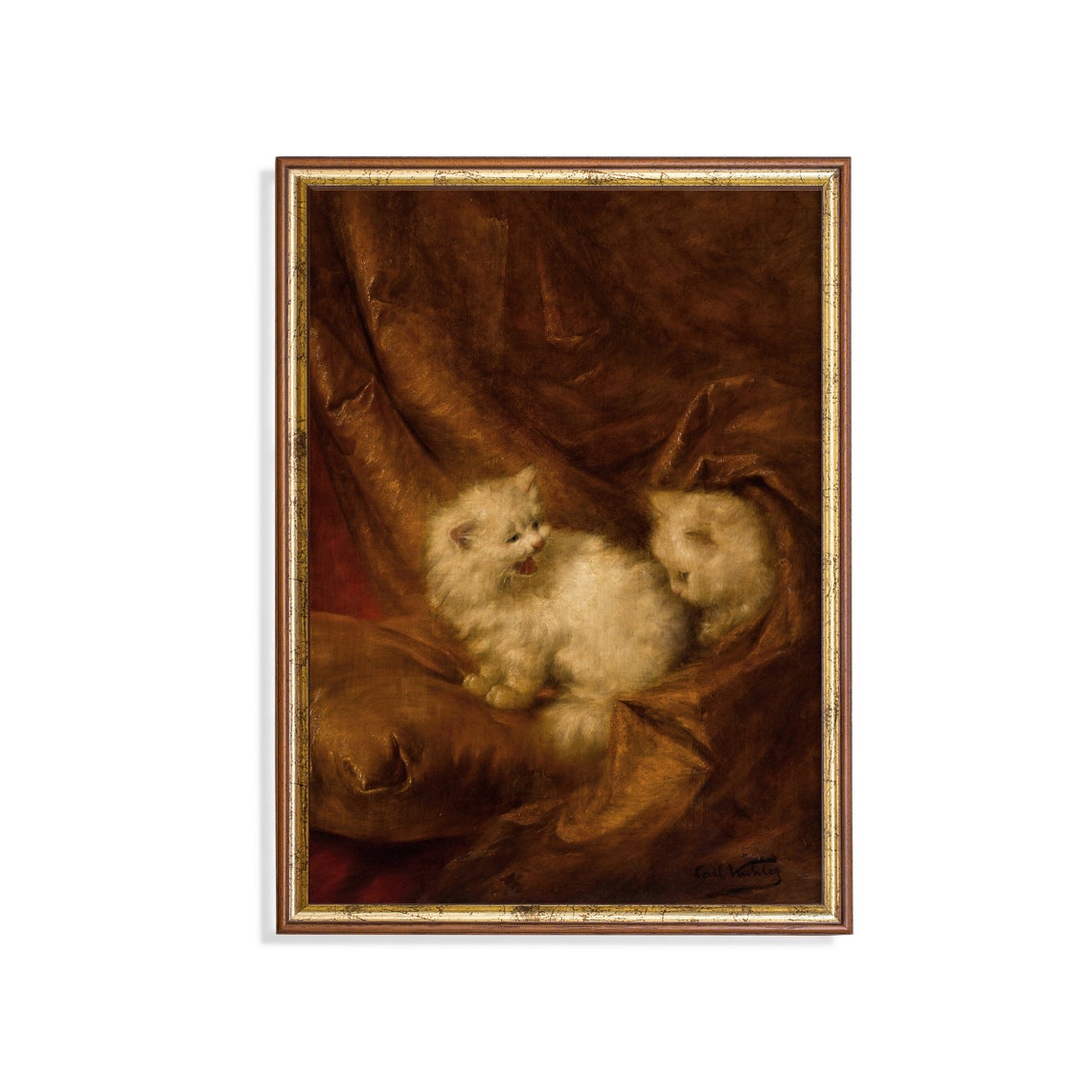 Two White Kittens Playing Vintage Cat Painting Antique Pet Poster